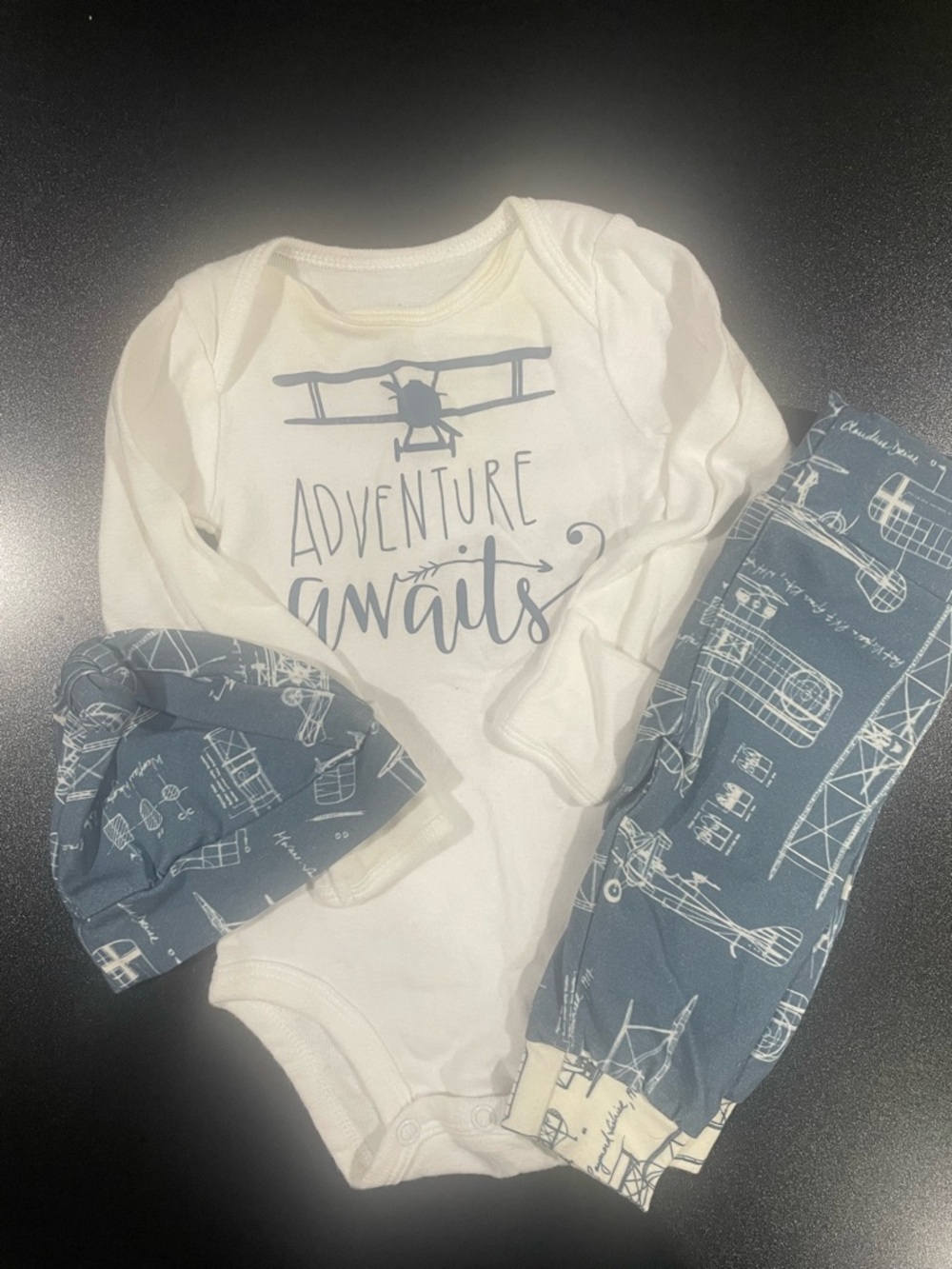 Cream & Blue 'Adventure Awaits' Matching Set 0-3 mo. ✈️
